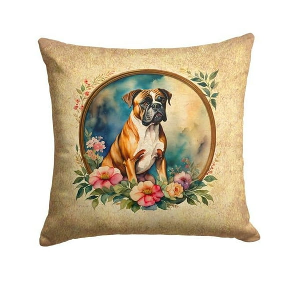 Boxer and Flowers Fabric Decorative Pillow 18 in x 18 in
