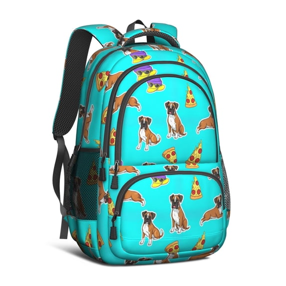 Boxer and Pizza Blue Pattern Cute School Backpack Bag with Padded Back and Adjustable Shoulder Straps 16.9 X 12.6 X 5.9 Inches