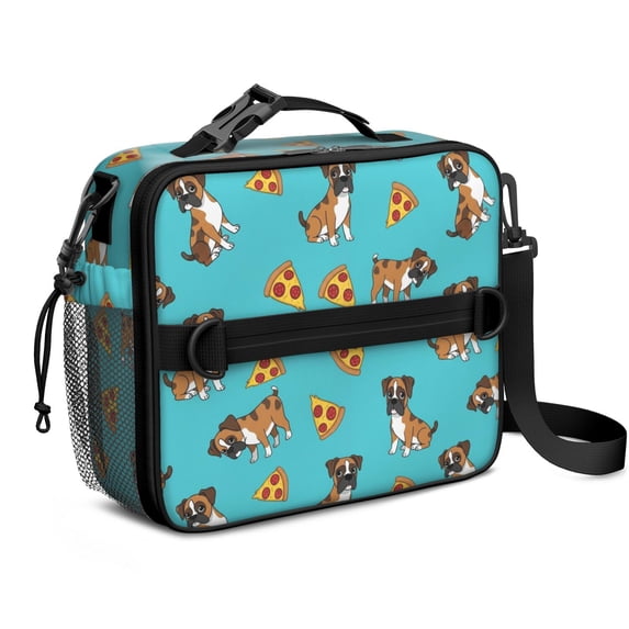 Boxer and Pizza Blue Pattern Insulated Lunch Bag with Shoulder Strap and Bottle Holder,Bento School Lunch Bag Box,11x9.5x3.5 Inches