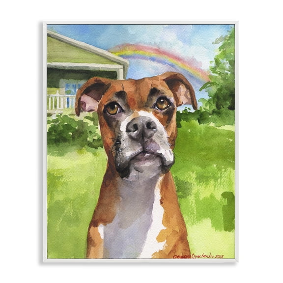 Stupell Industries Boxer and Rainbow Portrait White Framed Giclee Art, design by George Dyachenko
