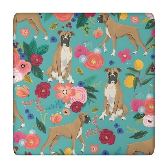 BoxerDog and Pioneer Flower Square Fitted Tablecloth with Elastic Edge,Square Table Cover,Washable Elastic Table Cover for Home Kitchen Party Decor 34"x34"