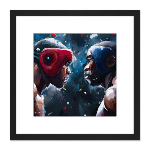 Boxers Kick Boxing Cage Fighting Sparring Painting Square Wooden Framed Wall Art Print Picture 8X8 Inch