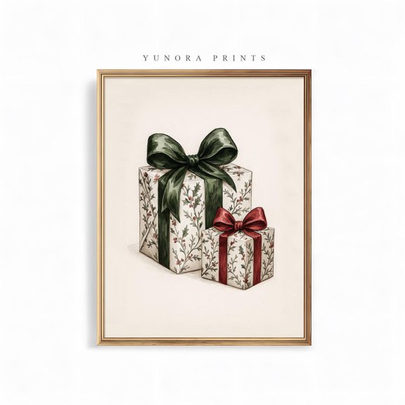 Boxes Art, Red & Green Bow Decor, Present , Festive Artwork Unframed Paper Print