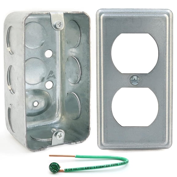 Boxes and Covers: 4x2 Inch Utility Electrical Box, Outlet Box, Duplex Receptacle Cover, Drawn Construction, Ten 1/2 Inch Knockouts, Raised Ground, 1-7/8" Deep, 13 Cu. In. Capacity