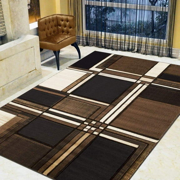 Boxes/Cubism/Squares Modern Abstract Contemporary Hand Carved Area Rug-Chocolate/Beige/Black