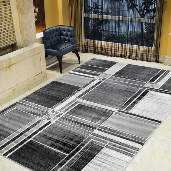 Boxes/Cubism/Squares Modern Abstract Contemporary Hand Carved Area Rug-Silver/Gray/Black