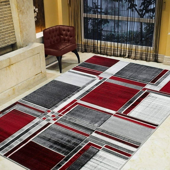 Boxes/Cubism/Squares Modern Abstract Contemporary Hand Carved Area Rug-Silver/Lava Red/Gray/Black