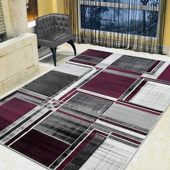 Boxes/Cubism/Squares Modern Abstract Contemporary Hand Carved Area Rug-Silver/Purple/Gray/Black
