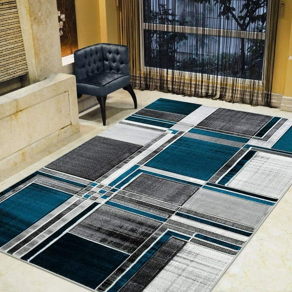 Boxes/Cubism/Squares Modern Abstract Contemporary Hand Carved Area Rug-Silver/Turquoise/Gray/Black