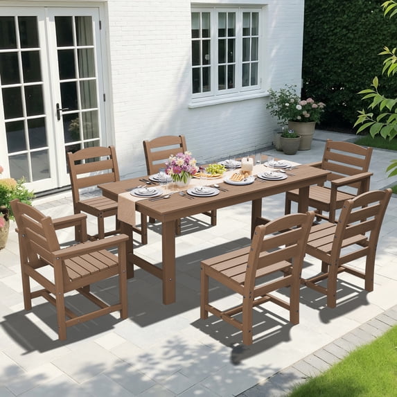 KINGYES 7-Piece Outdoor Dining Set, HDPE Patio Table and Chairs with Umbrella Hole, Brown