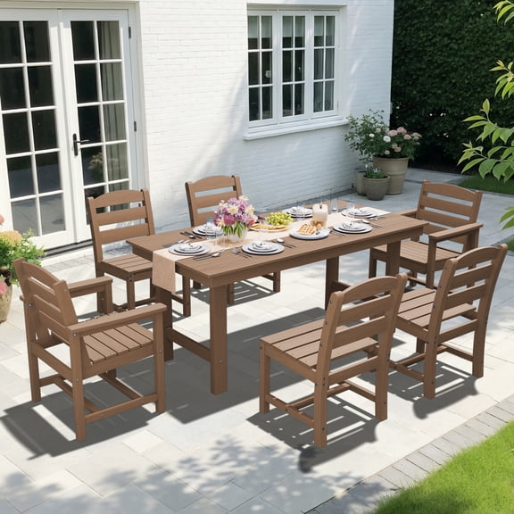 KINGYES 7-Piece Outdoor Dining Set, HDPE Patio Table and Chairs with Umbrella Hole, Brown