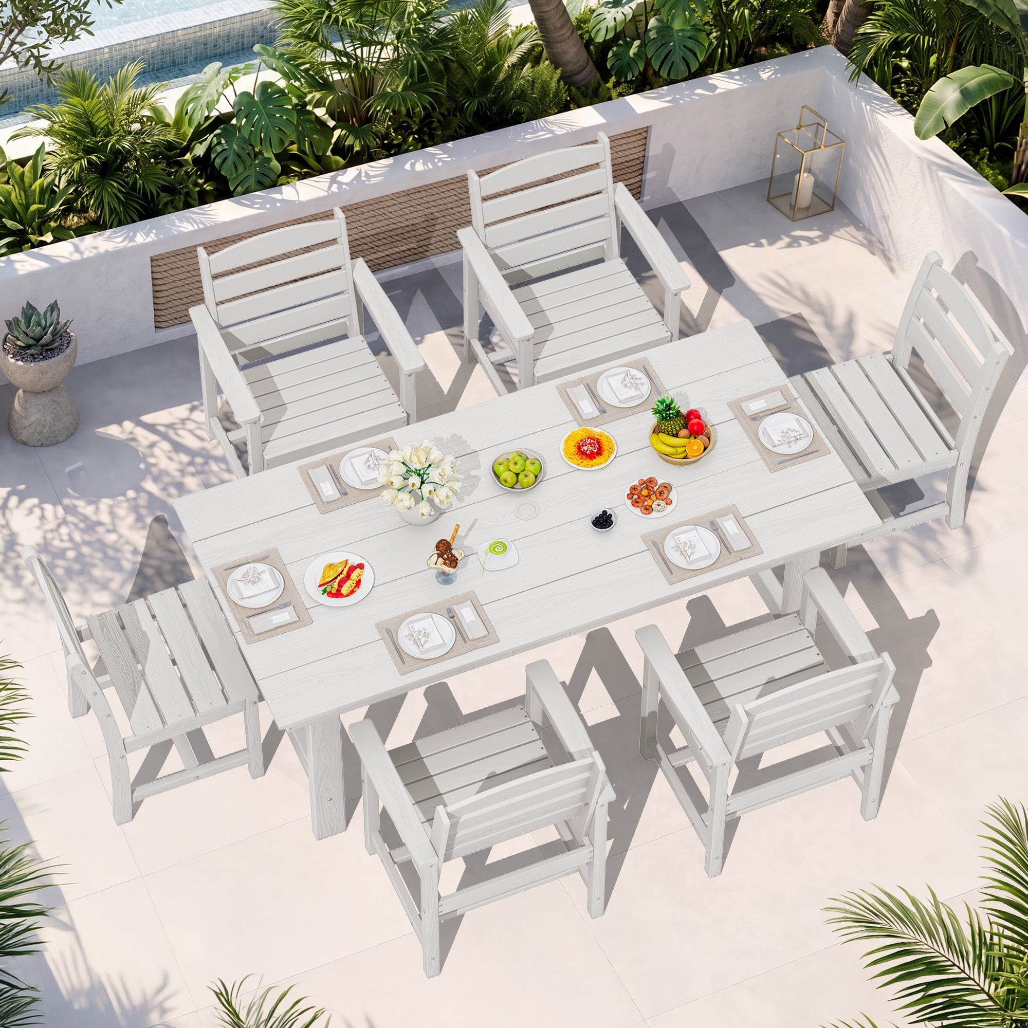 KINGYES 7-Piece Outdoor Dining Set, HDPE Patio Table and Chairs with Umbrella Hole, White