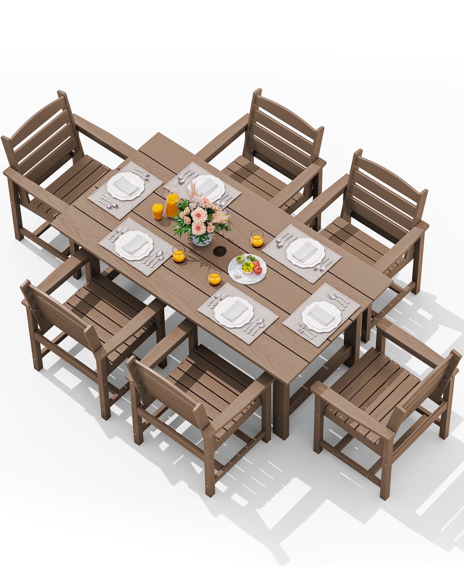 Boxiao 7 Piece Patio Dining Table Sets Outdoor HDPE Dining Furniture Set with Umbrella Hole Cut Out Table and 6 Chairs