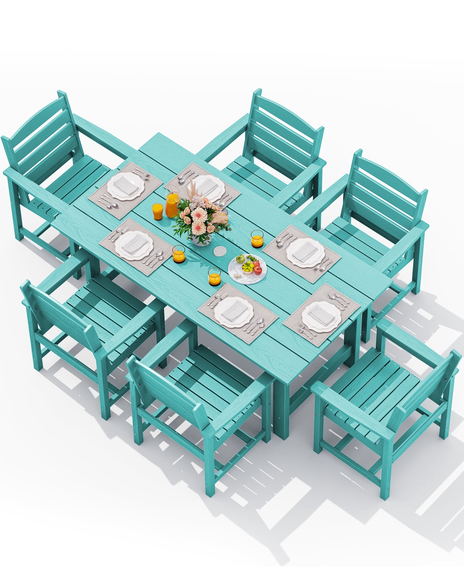 Boxiao 7 Piece Patio Dining Table Sets Outdoor HDPE Dining Furniture Set with Umbrella Hole Cut Out Table and 6 Chairs