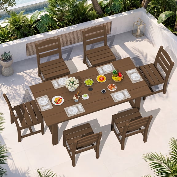 KINGYES 7-Piece Outdoor Dining Set, HDPE Patio Table and Chairs with Umbrella Hole, Brown