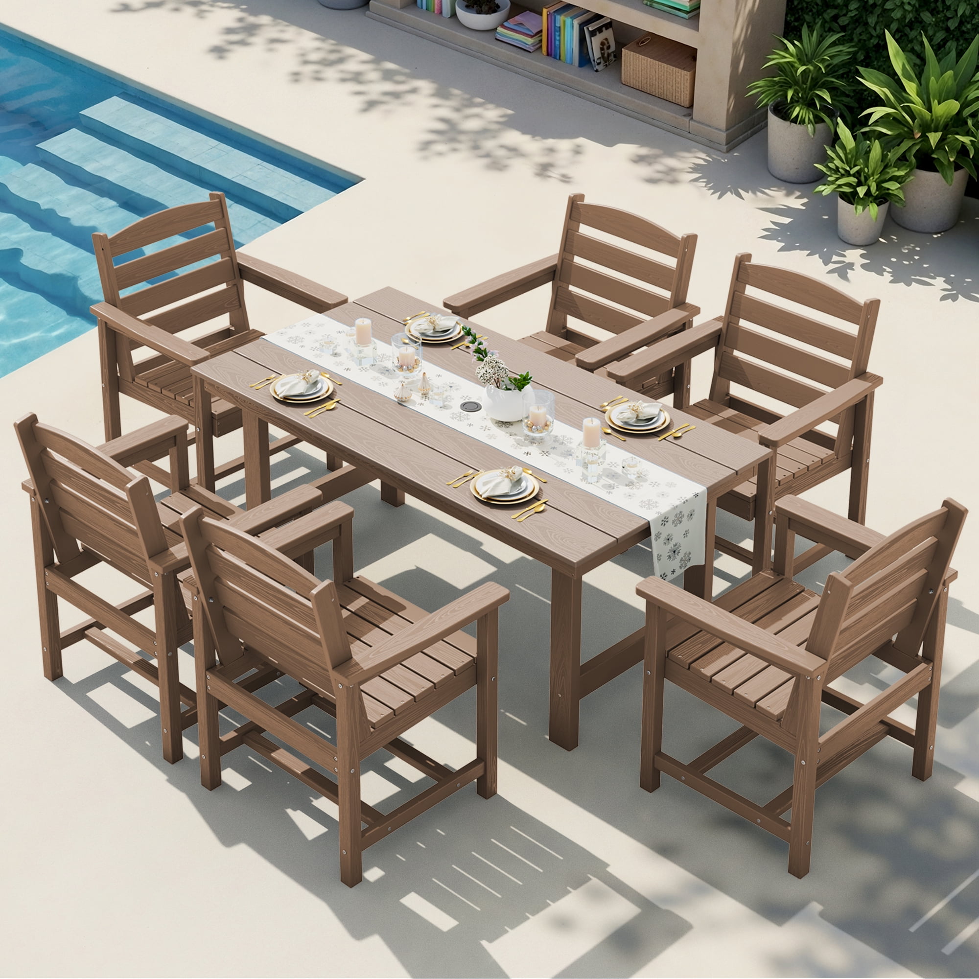 KINGYES 7-Piece Outdoor Dining Set, HDPE Patio Table and Chairs with Umbrella Hole, Brown