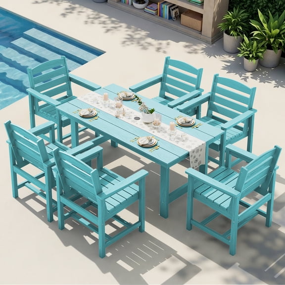 KINGYES 7-Piece Outdoor Dining Set, HDPE Patio Table and Chairs with Umbrella Hole, Aruba Blue