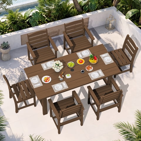 KINGYES 7-Piece Outdoor Dining Set, All Weather HDPE Patio Table and Chairs with Umbrella Hole, Brown