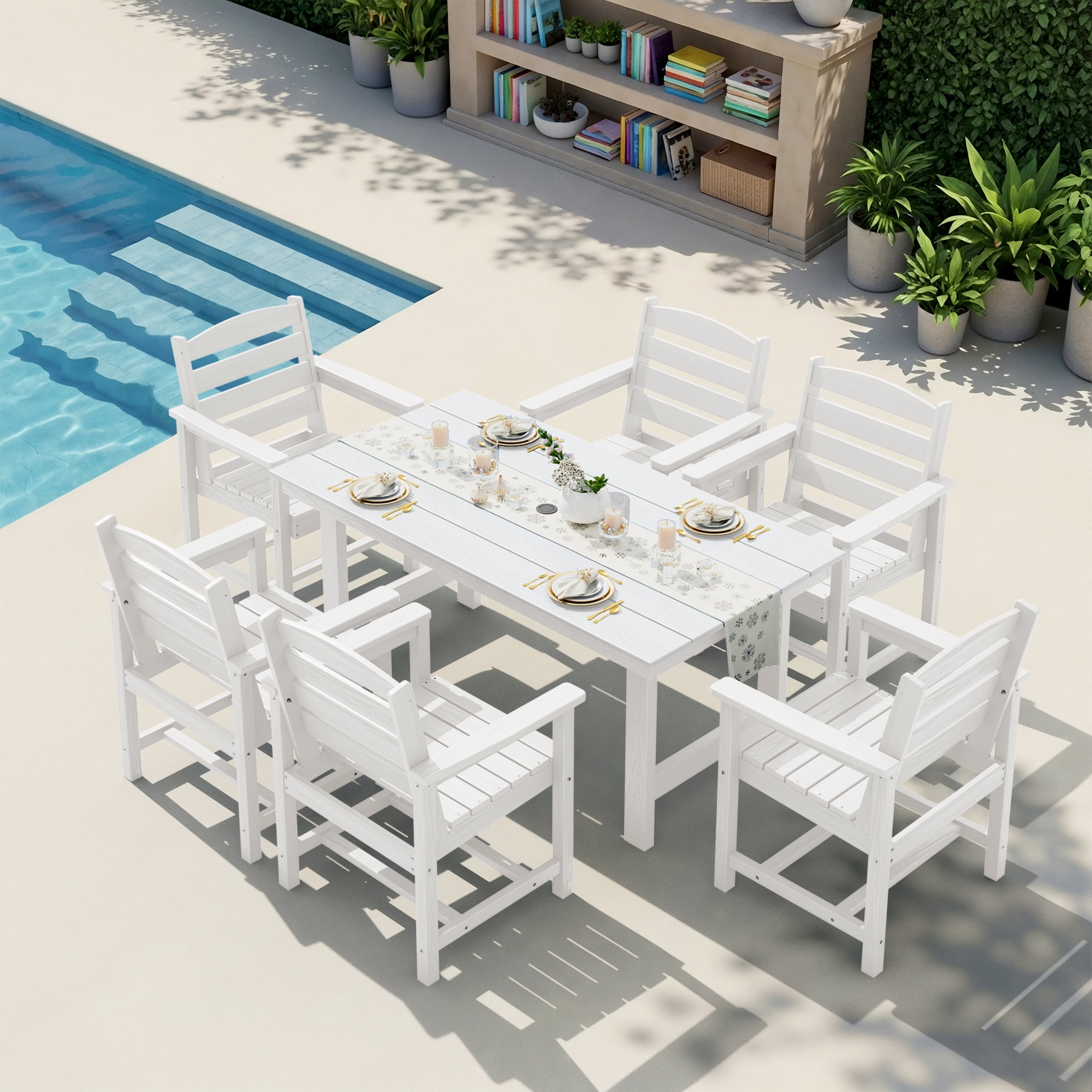 Boxiao 7 Piece Patio Dining Table Sets Outdoor HDPE Dining Furniture Set with Umbrella Hole Cut Out Table and 6 Chairs