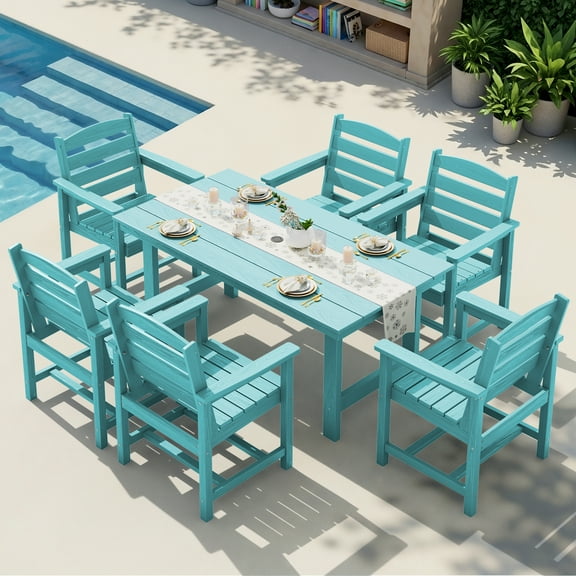 KINGYES 7-Piece Outdoor Dining Set, HDPE Patio Table and Chairs with Umbrella Hole, Aruba Blue