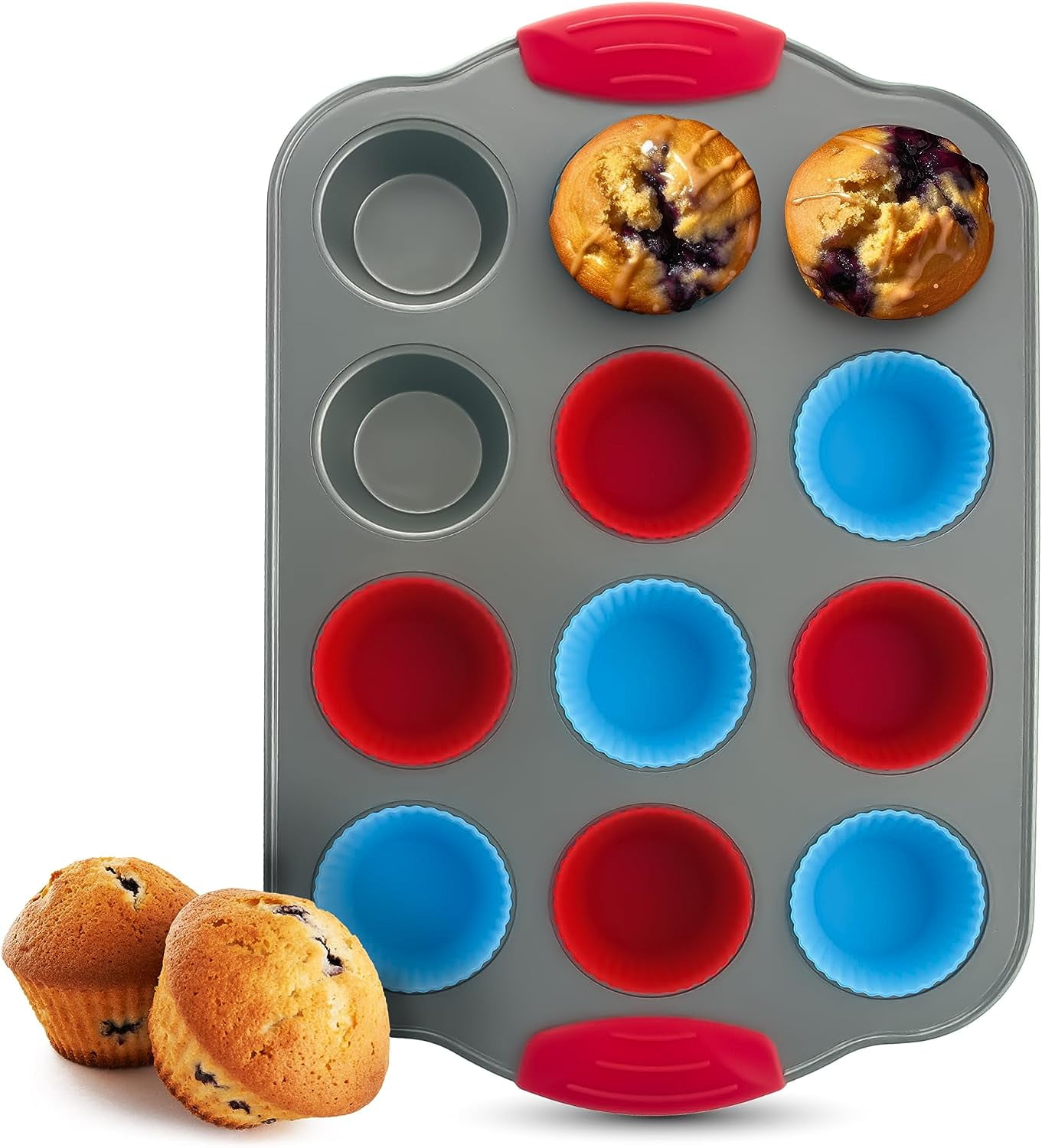 BAKE BOSS Silicone Mini Muffin Pan With Handles, 12 Cups Mini Cupcake Pan,  Silicone Muffin Cups For Baking, Eggs & Cupcakes, Non-Stick Silicone