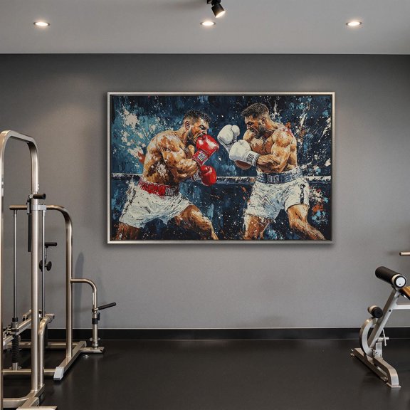 Boxing Art: Dynamic Fighting Scene, Gym Wall Decor, Stretched Canvas Size 16x24