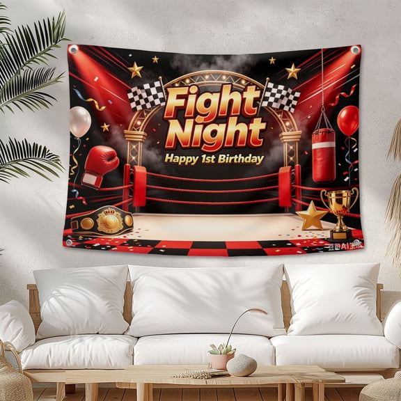 Boxing Birthday Party Backdrop Boy First 1st Bday Red and Black Boxer Sport Photography Background Banner Fight Night Photo Booth Props 3.3*5FT