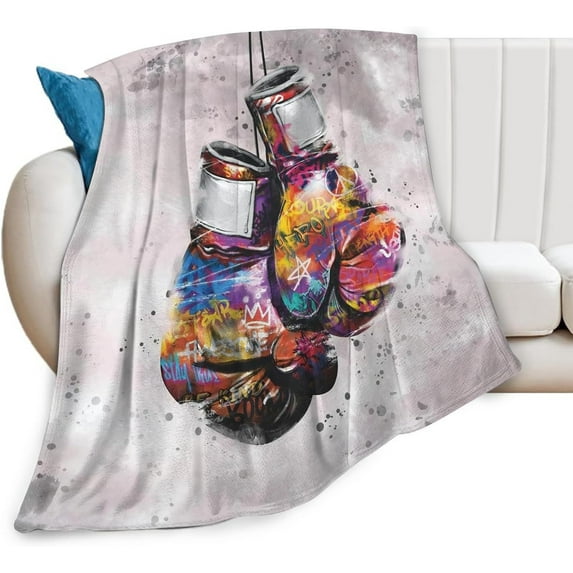 Boxing Blanket Gifts for Boys Men Soft Warm Plush Banksy Graffiti Boxing Gloves Sport Throw Blanket Flannel Fleece Fuzzy Sports Theme Blanket for Adults Lovers Bed Couch Living Room Decor 50"X40"