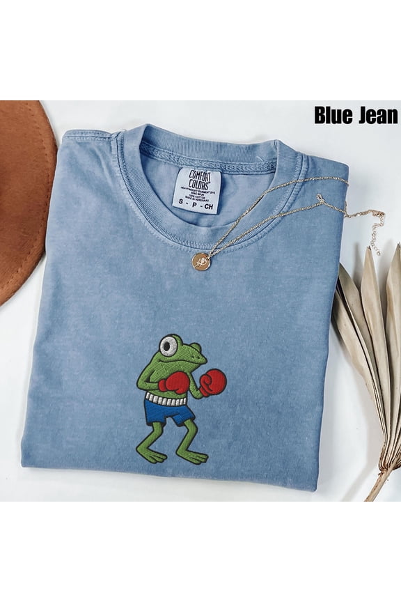 Boxing Frog Embroidered T-Shirt, Funny Frog Wearing Shorts Tee, Fighting Frog Design, Unique Animal Gift for Him or Her
