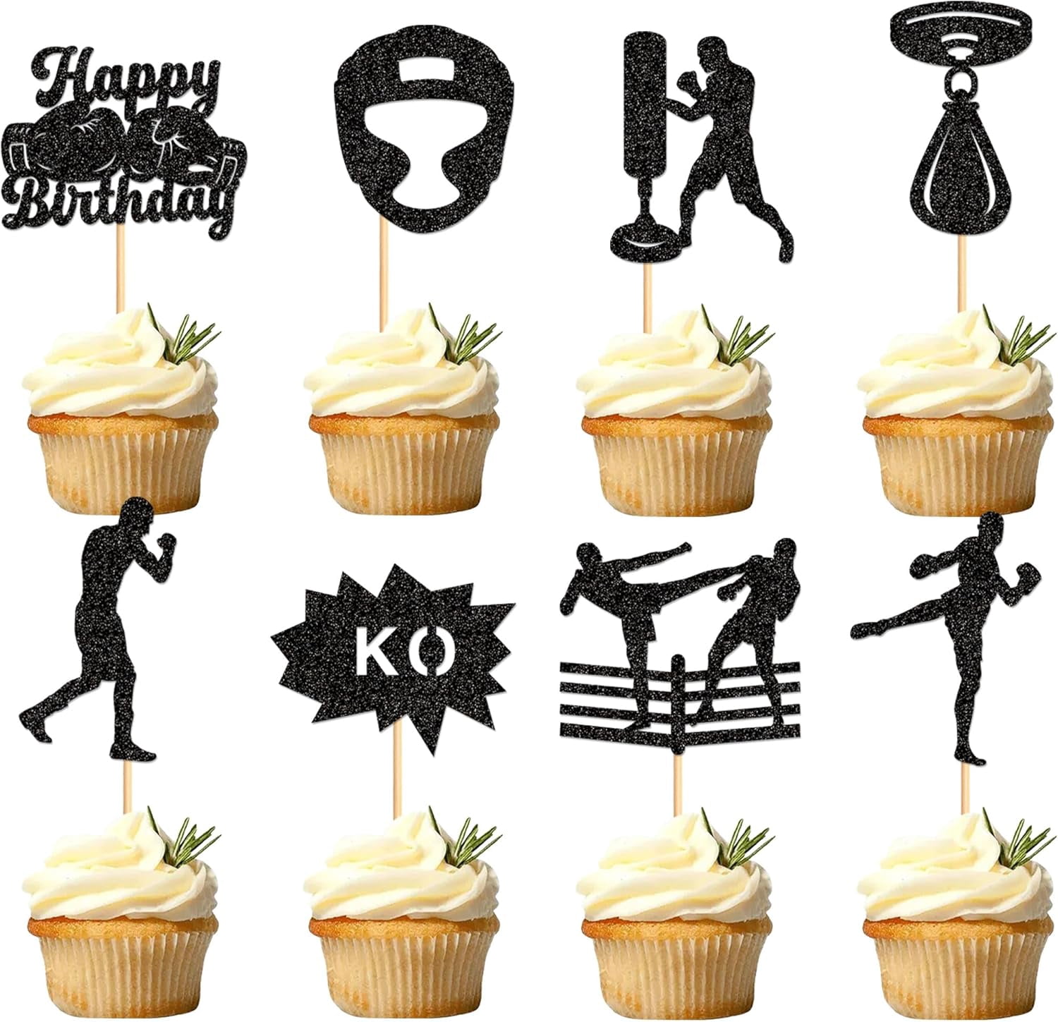 Boxing Glitter Cupcake Toppers, Black, Boxer Gym Theme, Happy Birthday ...