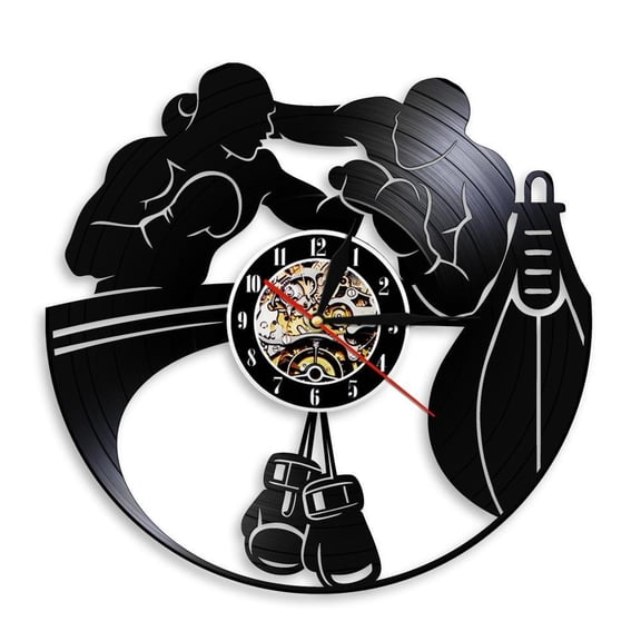 Boxing Home Decor Wall Clock Boxing Gloves Punching Bag Infighters Vinyl Record Wall Clock Fighting Sports Boxers Scrappers Gift Without LED