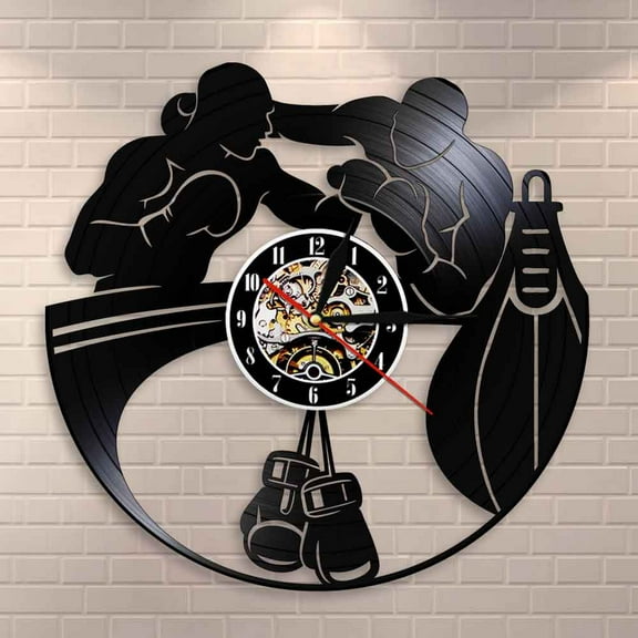 Boxing Home Decor Wall Clock Boxing Gloves Punching Bag Infighters Vinyl Record Wall Clock Fighting Sports Boxers Scrappers Gift