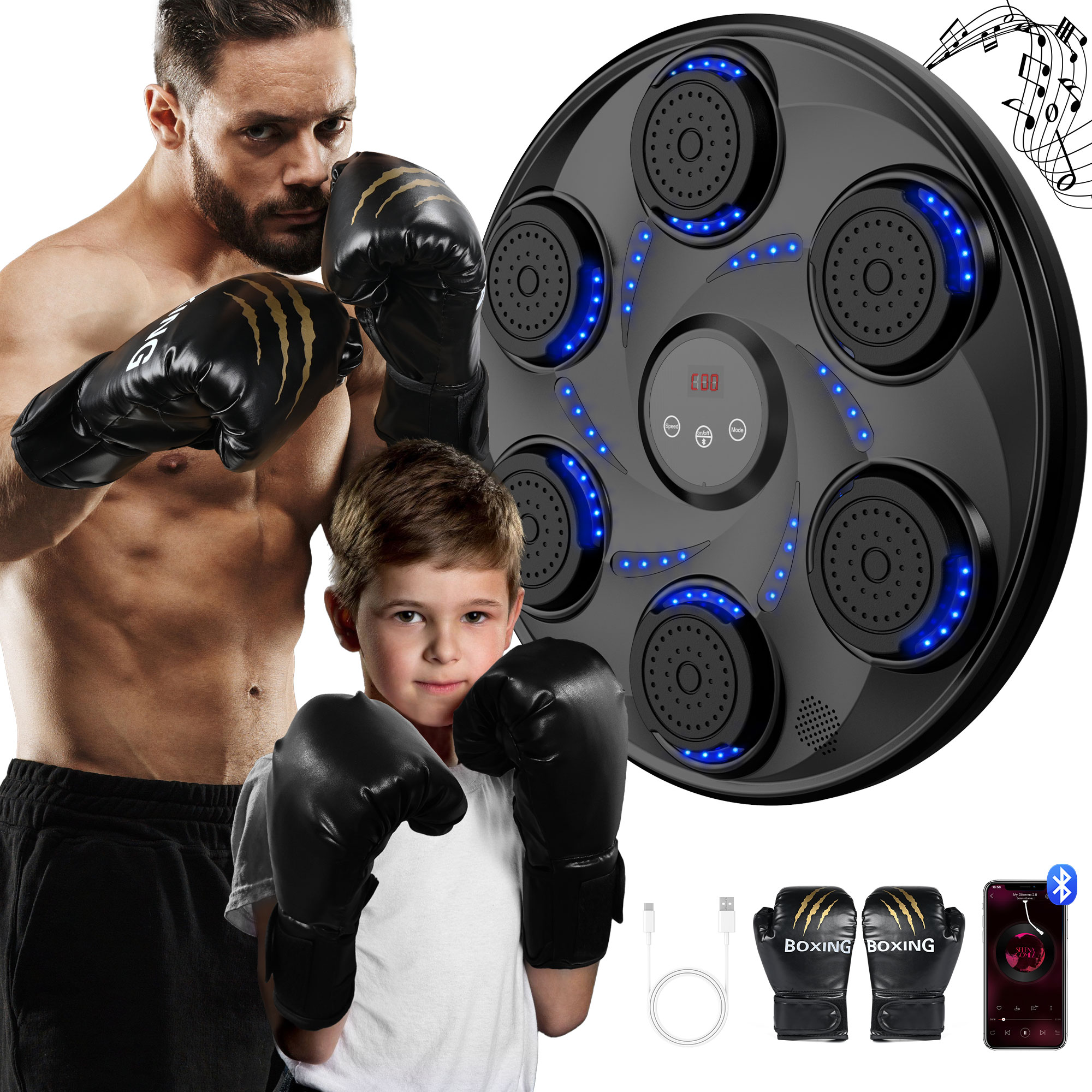 Untica Smart Bluetooth Music Boxing Machine with LED Lights, Strike Activation and Boxing Gloves
