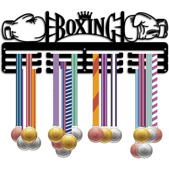 Boxing Medal Holder Display Hanger Medal Wall Mount Frame Shelf Sports Medals Hanger Black Wall Decor Medal Organizer Rack for Hanging 60 Medals Ribbon Runner Football 15.7x6 Inch 1set