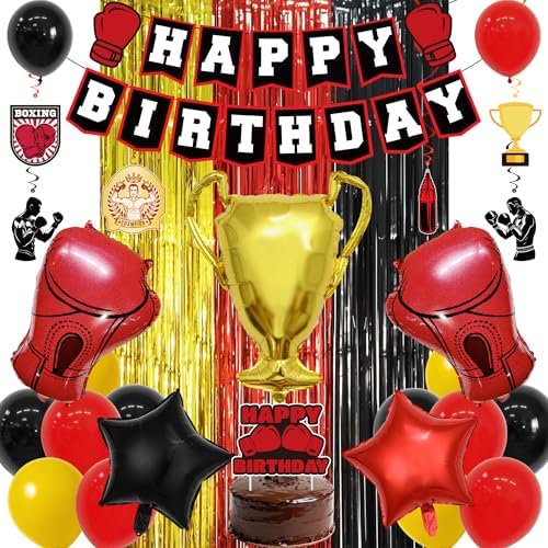 Boxing Party Decorations Fight Night Theme Kit- Happy Birthday Banner, Black-Red Foil Backdrop, Cake Topper & Red Gloves Balloons. Perfect for Boys' & Men's Boxing-Themed Birthdays