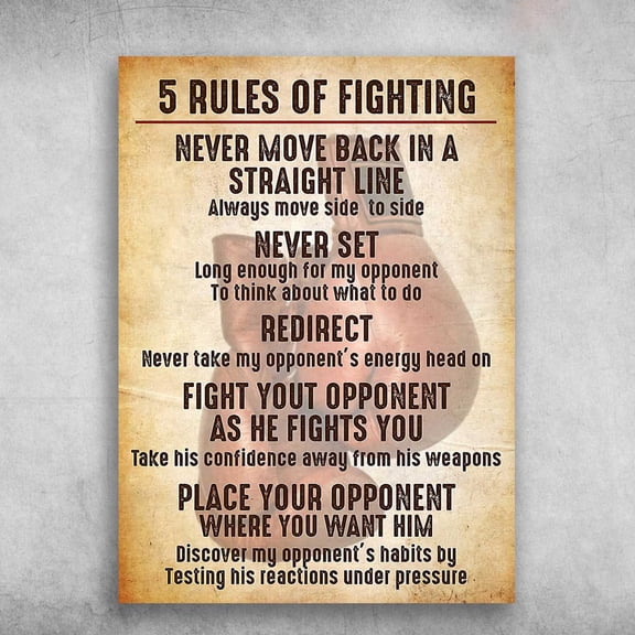 Boxing Poster - 5 Rules Of Fighting, Never Move Back In A Straight Line, Always Move Side To Side 16 x 24 Inch Poster