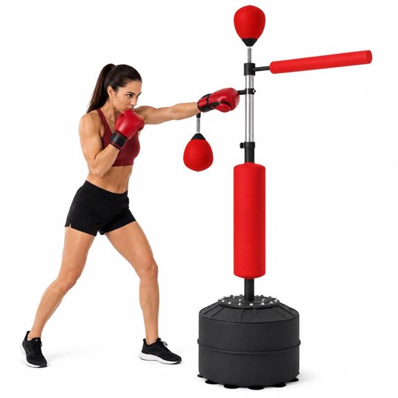 Boxing Punching Bag Stand, with 2 speedballs, 360 degree reflex bar, adjustable height, 4-in-1 training set