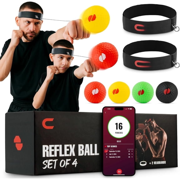 Boxing Reflex Ball Set with Punch Counter App- 4 Box Balls with Varying Weights, 2 Headbands and 4 Spare Strings to Improve Speed, Hand-Eye Coordination for Men, Boxing Equipment Gear