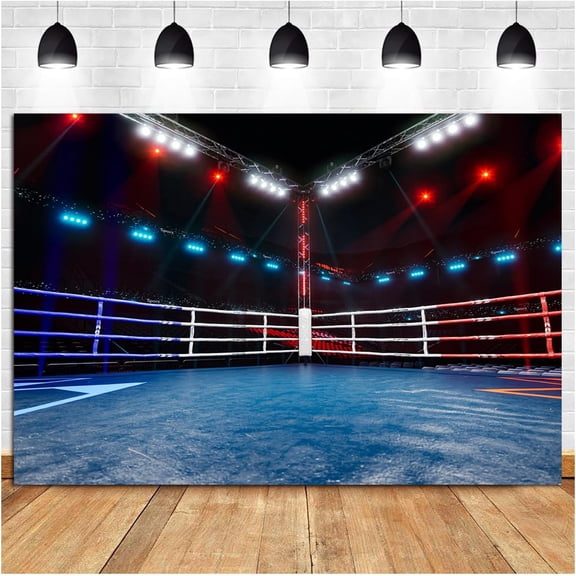 Boxing Ring Backdrop Arena Stage Lights Sport Photo Background for Baby Shower Birthday Cake Table Decor Kids Photoshoot Photo Studio Props 8x6ft