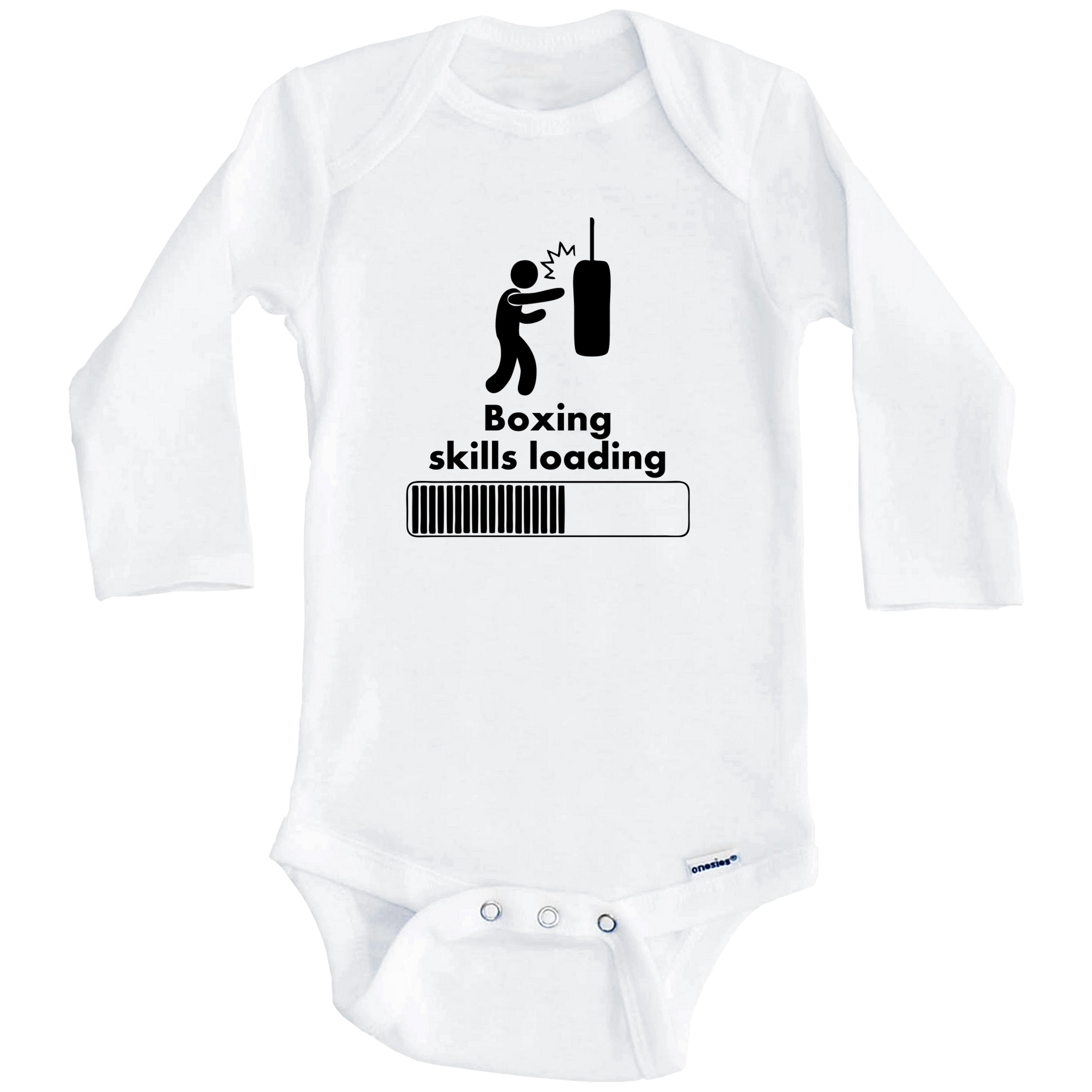 Boxing Skills Loading Funny One Piece Baby Bodysuit (Long Sleeve), 6-9 Months White
