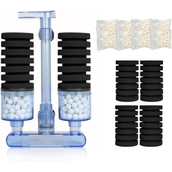 UPETTOOLS  Aquarium Biochemical Sponge Filter (15-55 Gallon) with Ultra-Quiet Air Pump, Double Head, Bio Foam & Ceramic Media for Saltwater/Freshwater Tanks