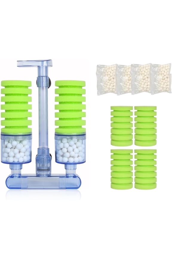 Aquarium Biochemical Sponge Filter, Ultra Quiet Aquarium Air Pump Double Head Bio Sponge Fish Tank Foam Filter, with Accessories Included
