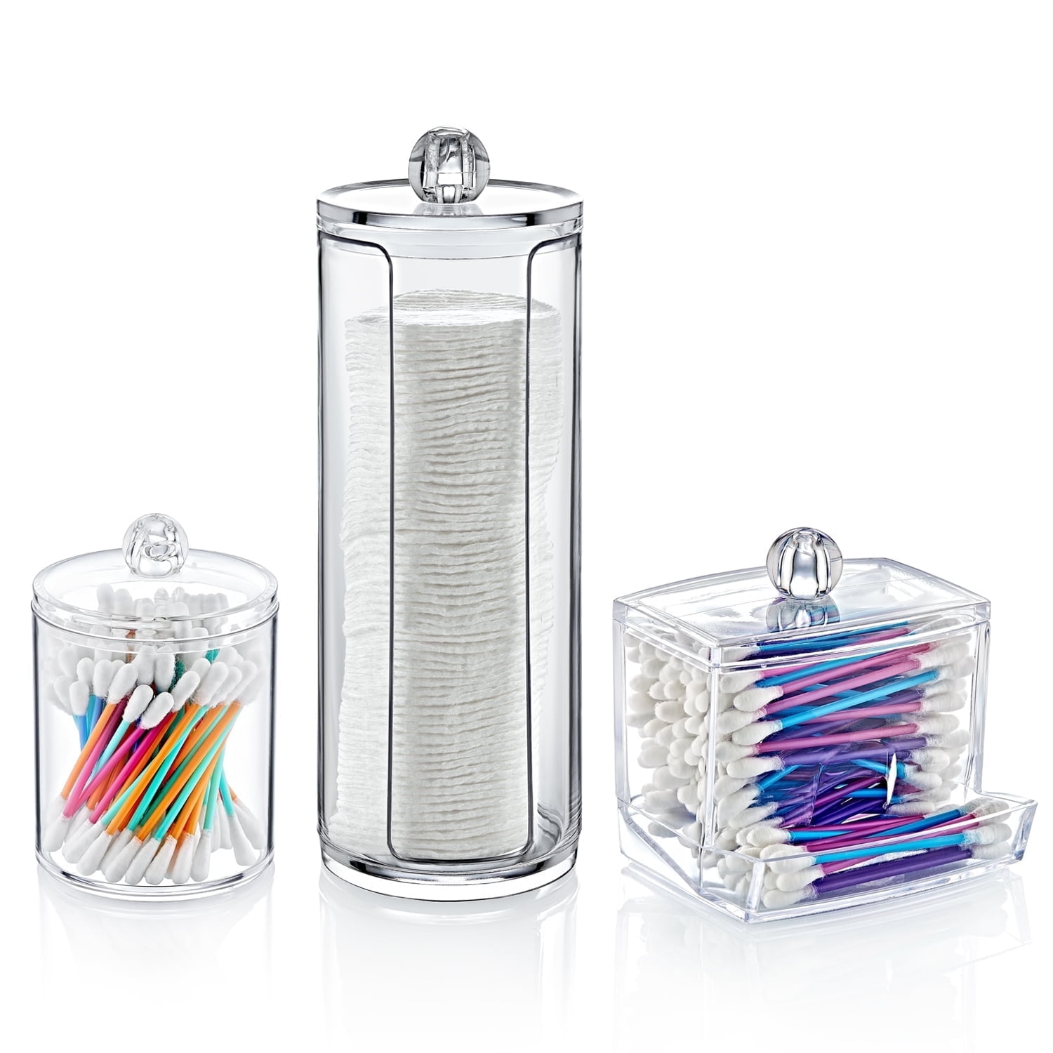 Boxup Bathroom Organizers And Storage - Q Tips Cotton Organizer Glass Jar , Countertop Vanity Swabs Canisters Decor Set Essentials, Small Cute Round Pad Holder Accessories With Lids For Organization