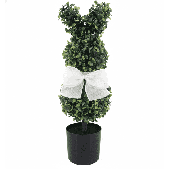 Boxwood Bunny Easter Topiary, with Bow, White & Green, 21", 1Count, by FlareFable
