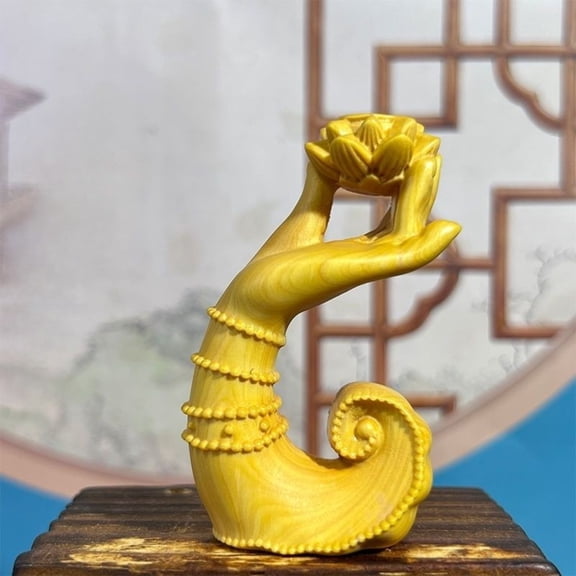 Boxwood Carved Buddha Hand Lotus Figurine Zen Tea Ceremony Ornament Pocket Sculpture for Meditation Desk Display Gift