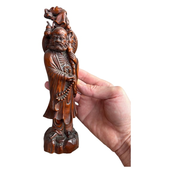 Boxwood Carving Elderly Sage Figurine Traditional Wooden Sculpture Spiritual Decor Home Office Ornament Artisan Collectible Luck Charm Vintage Cultural Artifact