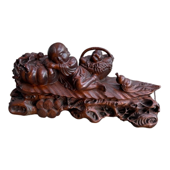 Boxwood Child Sculpture, Fruit Motif, Natural Carving, Serene Figure, Pumpkin & Basket, Gourd Accent, Good Fortune Symbol, Cultural Decor