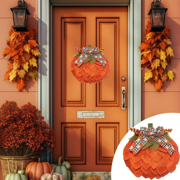 Boxwood Front Door Wreath Cloth Pumpkin Themed Durable Weather Resistant Easy to Hang for Year Round Thanksgiving Autumn Home Decoration