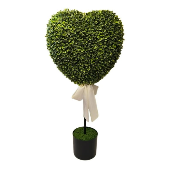 Boxwood Heart with Bow Topiary Tree - 1PC 32" UV Resistant Small Fake Plant with Pot, Realistic Faux Potted Shrub for Front Porch, Office Decor, Green and White, 32", Valentine's Day Decorations