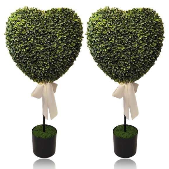 Boxwood Heart Topiary, Green and White Planter Pots with Bow Tie, 30", Valentine's Day Indoor Porch Home Decor 2PC